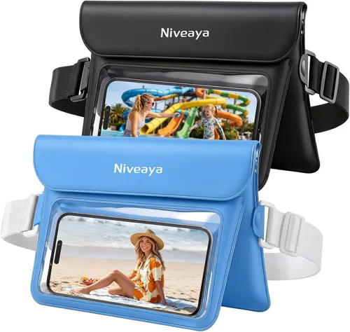 Vista 10 de Niveaya Paquete de 2 riñoneras impermeables para mujeres y hombres, IPX8, bolsa impermeable para cinturón seco para playa, kayak, natación, pantalla
