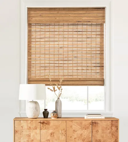 Vista 15 de LazBlinds - Cortinas romanas de bambú personalizadas sin cordón, tratamiento de ventana con filtro de luz, persianas enrollables de bambú retro