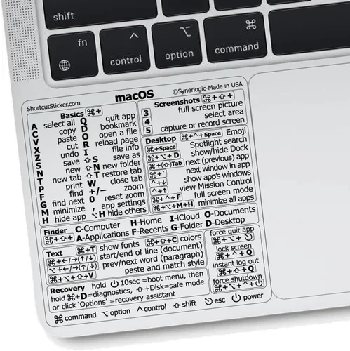 Vista 13 de Synerlogic Pegatina de accesos directos de Mac OS Calcomanías de teclado para macOS Hoja de trucos de vinilo laminado para MacBook para Negro