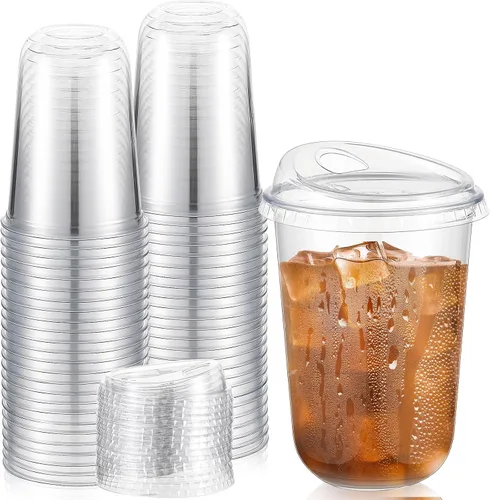 Vista 12 de Ziliny 50 juegos de tazas de café de plástico transparente con tapas para beber, tazas desechables de plástico PET transparente para café helado