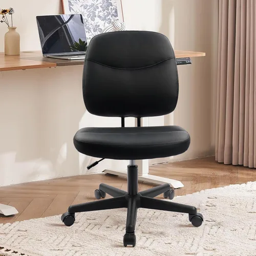 Vista 8 de CLATINA Silla de oficina en casa sin brazos, pequeña silla ergonómica de piel sintética con respaldo bajo con soporte lumbar y ruedas, altura