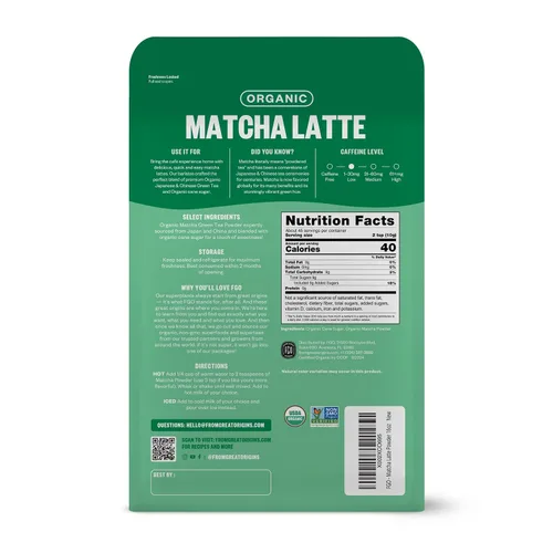 Vista 2 de FGO Té matcha latte en polvo, orgánico, bolsa a granel que se puede volver a cerrar, de 16 oz, matcha japonés con azúcar de caña orgánica