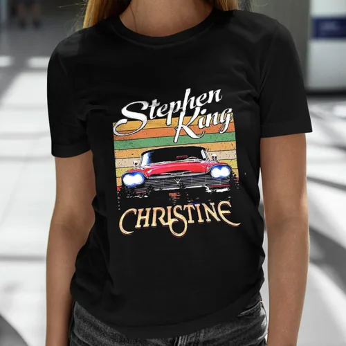 Vista 3 de Christine Stephen King Master Horror Legend Book Movie Vintage camiseta, camiseta clásica de película, camiseta divertida negra, Negro