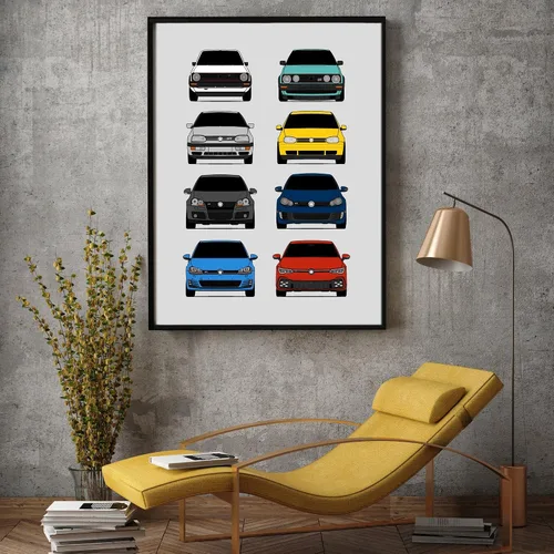 Vista 5 de Custom Car Posters Póster hecho a mano compatible con Volkswagen Golf GTI Generations e impresión de VW GTI (modelos de coche: MK1 a MK8)