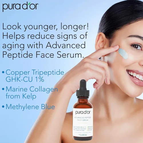 Vista 2 de PURA D'OR Advanced Peptide Face Serum - Tripéptido de cobre, extracto de células madre a base de plantas, colágeno marino de algas, ácido