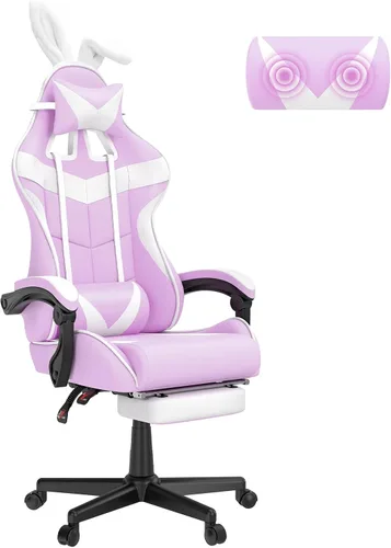 Vista 21 de Soontrans Silla de juegos azul claro con reposapiés, bonita silla de videojuegos de conejo, silla de escritorio Kawaii para nieta, hermana, novia