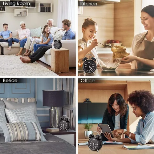Vista 5 de Azyh Reloj despertador ruidoso para adultos que duermen pesados, de metal de 4 pulgadas, doble campana, funciona con pilas, para decoración de Negro