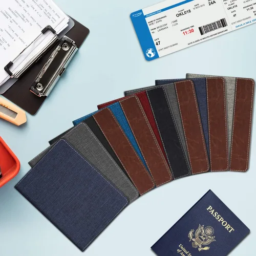 Vista 7 de Fintie - Funda para tarjetas y pasaporte, de piel sintética, bloqueo RFID, cartera de viajes (mezclilla índigomarrón)