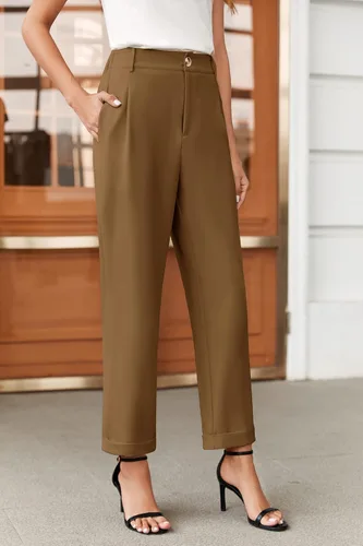 Vista 4 de Febriajuce Pantalones de vestir de cintura alta elástica para mujer, pantalones de trabajo plisados con botones, pantalones de trabajo de pierna