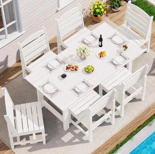 Vista 38 de SERWALL Juego de mesa de comedor de 7 piezas, muebles de comedor de polietileno de alta densidad para exteriores con agujero para paraguas y 6 Negro