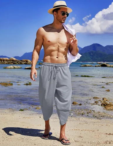 Vista 2 de COOFANDY Pantalones capri harén de lino para hombre, ligeros, sueltos, 34, con cordón elástico, cintura elástica, pantalones casuales para yoga