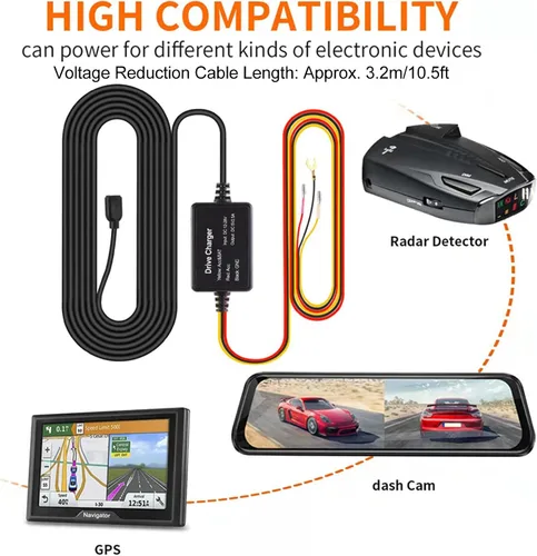 Vista 2 de Acouto Kit de cable rígido para cámara de salpicadero, cable de alimentación de 12 V a 28 V a 5 V, adaptador USB, sobrecalentamiento para cámara