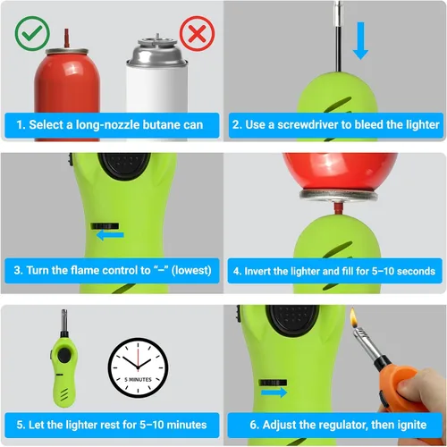 Vista 5 de Mini práctico encendedor de velas con varita extendida, bloqueo de seguridad, recarga de gas butano, encendedores para velas, estufas de cocina