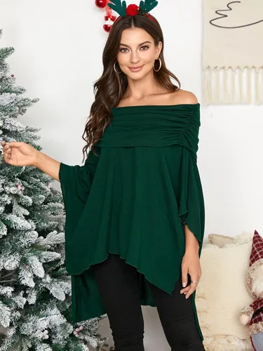 Vista 2 de kenoce Blusa de un hombro descubierto dobladillo irregular de punto suave ponchos de punto