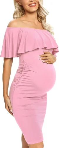 Vista 4 de AONESX Vestido de maternidad ajustado con volantes y hombros descubiertos, vestido de embarazo formal para baby showerfotografía