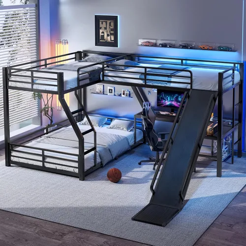 Vista 14 de Twin Size L-Shaped Gaming Loft Bed with Dual Built-in Desks，Black+Blue-P