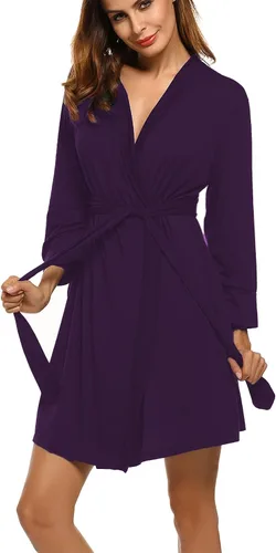 Vista 29 de HOTOUCH - Bata ligera de punto corta para mujer, bata de baño suave con bolsillos, ropa de dormir para damas