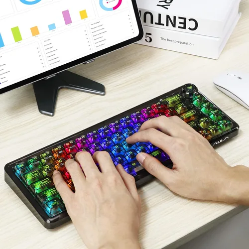 Vista 7 de CHICHEN 60% Portable Mechanical Gaming Keyboard,Hot-swappable RGB Backlit Compact 68 Clear Keycaps,2.4Ghz WirelessBluetoothUSB-C,Transparent Gasket