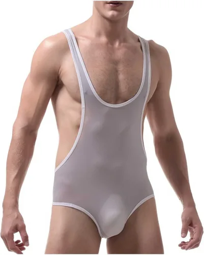 Vista 2 de Lencería para hombre para sexo travieso hielo sedoso malla transparente tirantes espalda cruzada semi transparente cuello en U profundo body bodywear