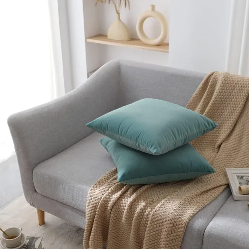 Vista 4 de Juego de 2 fundas de almohada de terciopelo para sofá y cama, 18 x 18 pulgadas, color aguamarina