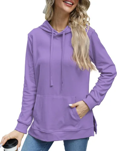 Vista 2 de Beimuc Sudaderas con capucha para mujer, con dobladillo dividido, con cordón, casual, manga larga, con bolsillos