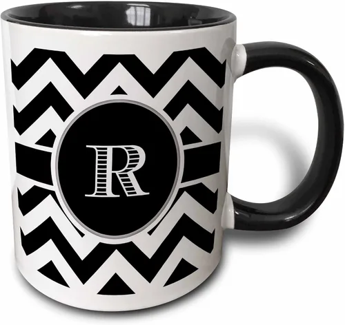 Vista 7 de 3dRose Taza de dos tonos azul con monograma de cheurón en blanco y negro inicial R 11oz