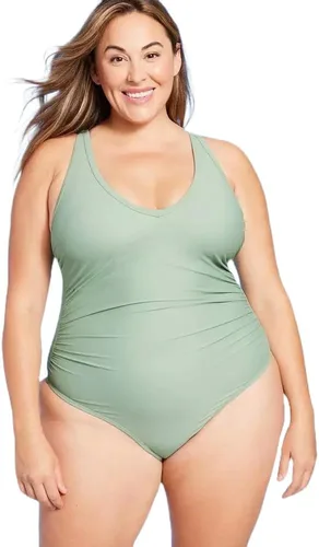 Vista 3 de Kona Sol Traje de baño de una pieza con cuello en V para mujer, Melocotón/Naranja