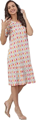 Vista 5 de Janasya Vestido de una línea estampado blanco roto para mujer india