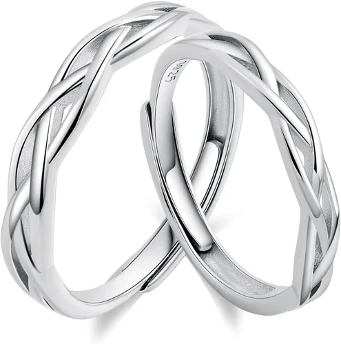 Vista 8 de I Love You His & Hers Anillos de Boda a Juego Ajustables CZ S925 de Plata de Ley Anillos para Pareja Customizable