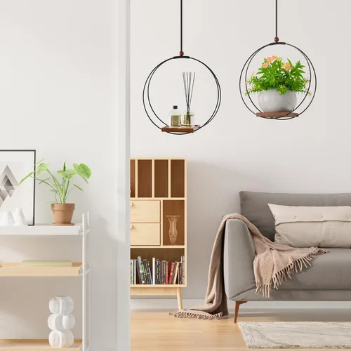 Vista 4 de Juego de 2 macetas colgantes para plantas de interior: colgador de plantas de macramé con base de madera resistente, decoración de pared, techo