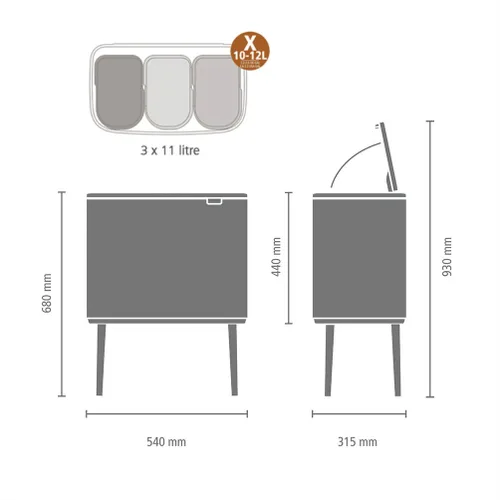 Vista 6 de Brabantia Bo Touch Top - Bote de basura de cocina con tres compartimentos y patas elevadas, acero mate FPP Cubos interiores de 3 x 3 galones