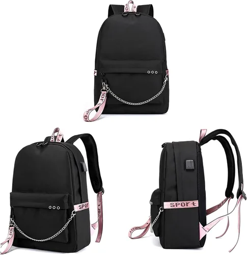 Vista 7 de Mochila Demon Slayer Nezuko Kimetsu con puerto de carga USB, mochilas de viaje informales personalizadas para niños y niñas, Negro, 17.7x15.6x5.9