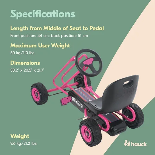 Vista 6 de Hauck Lightning Go Kart con pedal para niños de 4 a 8 años, asiento de cubo ajustable, ruedas de plástico con perfil de goma, freno de mano para Rosa