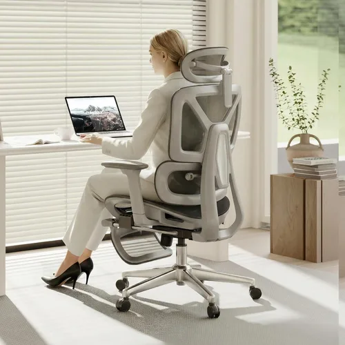 Vista 19 de FLEXISPOT ErgoX - Silla de oficina ergonómica premium con reposapiés, reposabrazos 3D ajustables, soporte lumbar dinámico, función de reclinación e