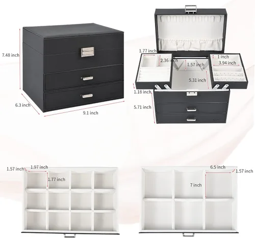Vista 3 de Dajasan Cajas de joyería para mujeres y niñas, caja organizadora de joyas, organizador de joyas grande de 4 capas para aretes, anillos, collares