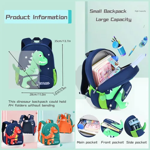 Vista 3 de Mochila de dinosaurio antipérdida para niños y niñas con correa de seguridad, B-azul+verde oscuro, Mochilas Daypack
