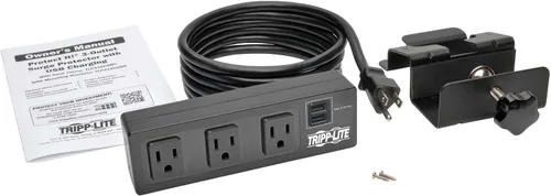Vista 3 de Tripp Lite Regleta de protección contra sobretensiones de 3 salidas con abrazadera de escritorio, cable de 10 pies, 510 julios, 2 puertos de carga