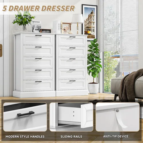 Vista 4 de biukpci Cómoda blanca con 5 cajones, almacenamiento vertical para dormitorio, cómoda alta de madera para pasillo, cómoda alta de madera con cajones