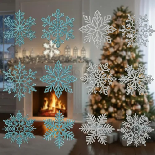 Vista 8 de Sratte 24 adornos de copo de nieve grandes de 16 pulgadas, copos de nieve colgantes decorativos con purpurina gigante, 6 diseños de adornos