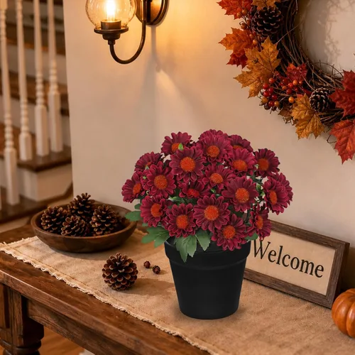 Vista 4 de Flores artificiales de crisantemo en maceta negra de 9 pulgadas, plantas artificiales de seda para decoración de interiores y exteriores, centro