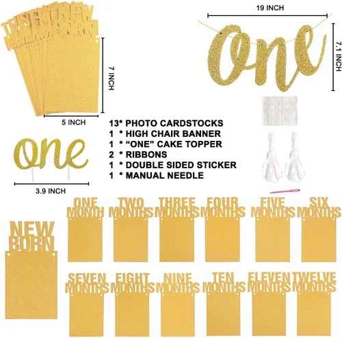 Vista 2 de Cartel de fotos de bebé de primer cumpleaños para recién nacido a 12 meses, con pancarta para silla alta, guirnalda de fotos de hitos mensuales