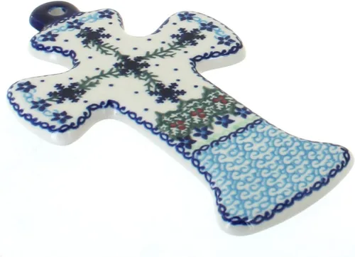Vista 6 de Cerámica polaca de rosa azul - Cruz de Alyssa amarilla - 7" x 4.5" - Cruz de pared de cerámica polaca pintada a mano