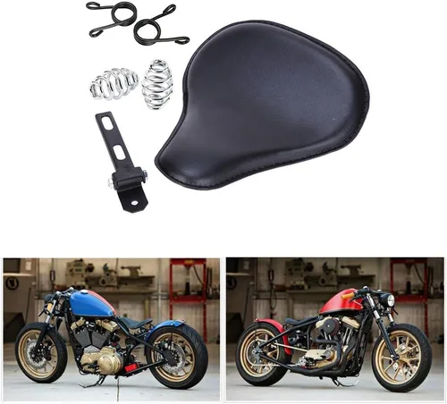 Vista 3 de Cojín de asiento de piel. Asiento con soporte de resortes para el chofer para Harley Davidson Sportster Softail Fatboy, Negro suave