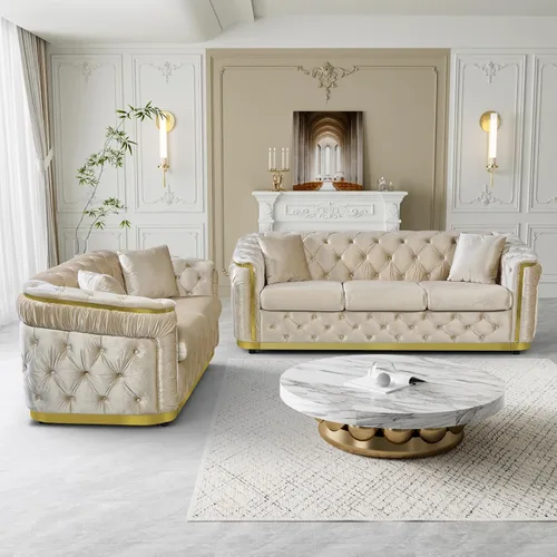 Vista 6 de Sofá Chesterfield de terciopelo de 62.5 pulgadas con respaldo copetudo y detalles dorados, beige Blanco
