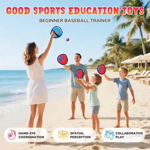 Vista 7 de JoyCat Juego de pelota de lanzar y atrapar, juego de 2 bolas adhesivas para adultos y 2 niños, juego familiar para atrapar al aire libre para playa