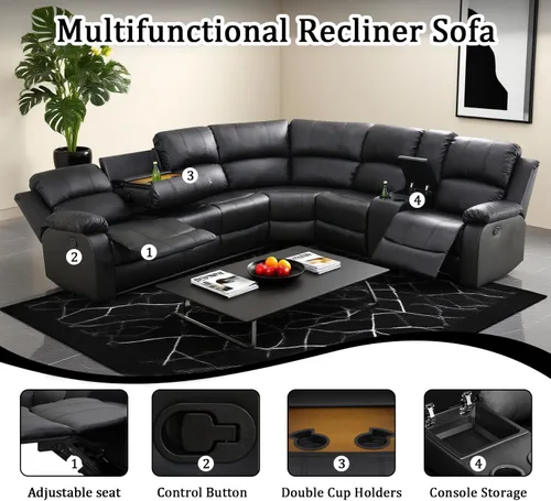 Vista 3 de Juego de sofá modular reclinable manual para sala de estar, sofá reclinable en forma de L, seccional de cuero con portavasos/almacenamiento