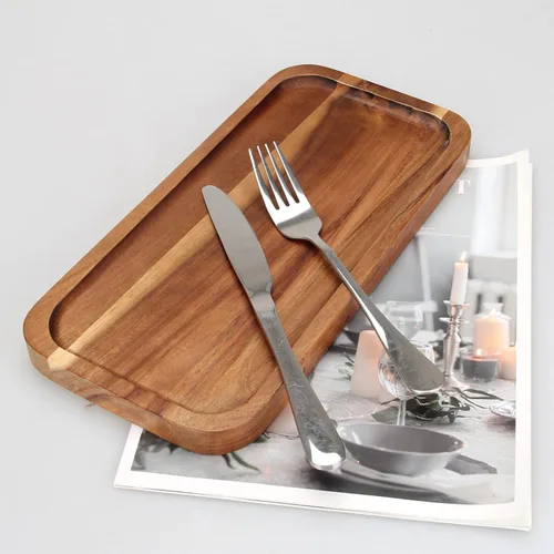 Vista 4 de 2 piezas de bandejas rectangulares de madera para alimentos, bandeja decorativa pequeña para servir, bandeja larga de charcutería, bandejas