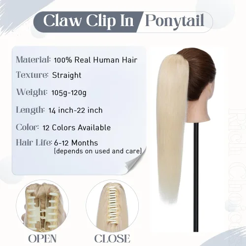 Vista 65 de Rich Choices Extensión de cola de caballo con clip de garra, cabello humano real, una pieza, extensiones de cabello largo Remy para mujer, #18P613