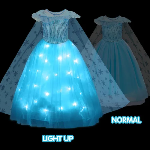 Vista 2 de Vestido de princesa, disfraz de princesa para niñas, ropa de disfraces de Halloween con capa, forro de luz LED, azul