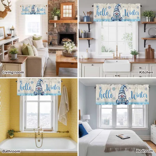 Vista 8 de Cenefa de Navidad para ventanas, cenefas de gnomo, cenefas de invierno con bolsillo para barra, tratamientos de ventana, diseño de copo de nieve